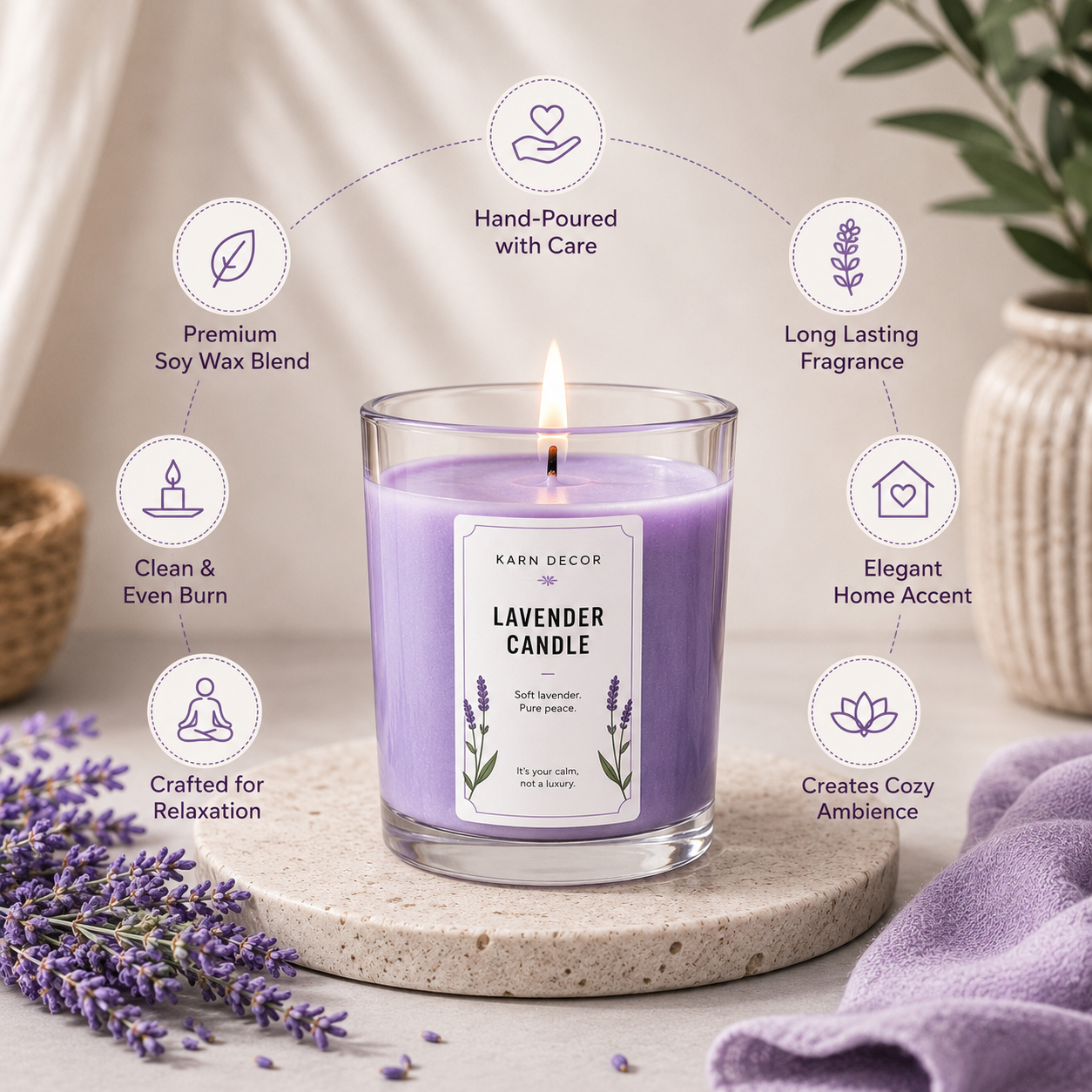 Lavender Scented Candle | Relaxing Aromatherapy Fragrance 200g | Karn Decor - Detail 3
