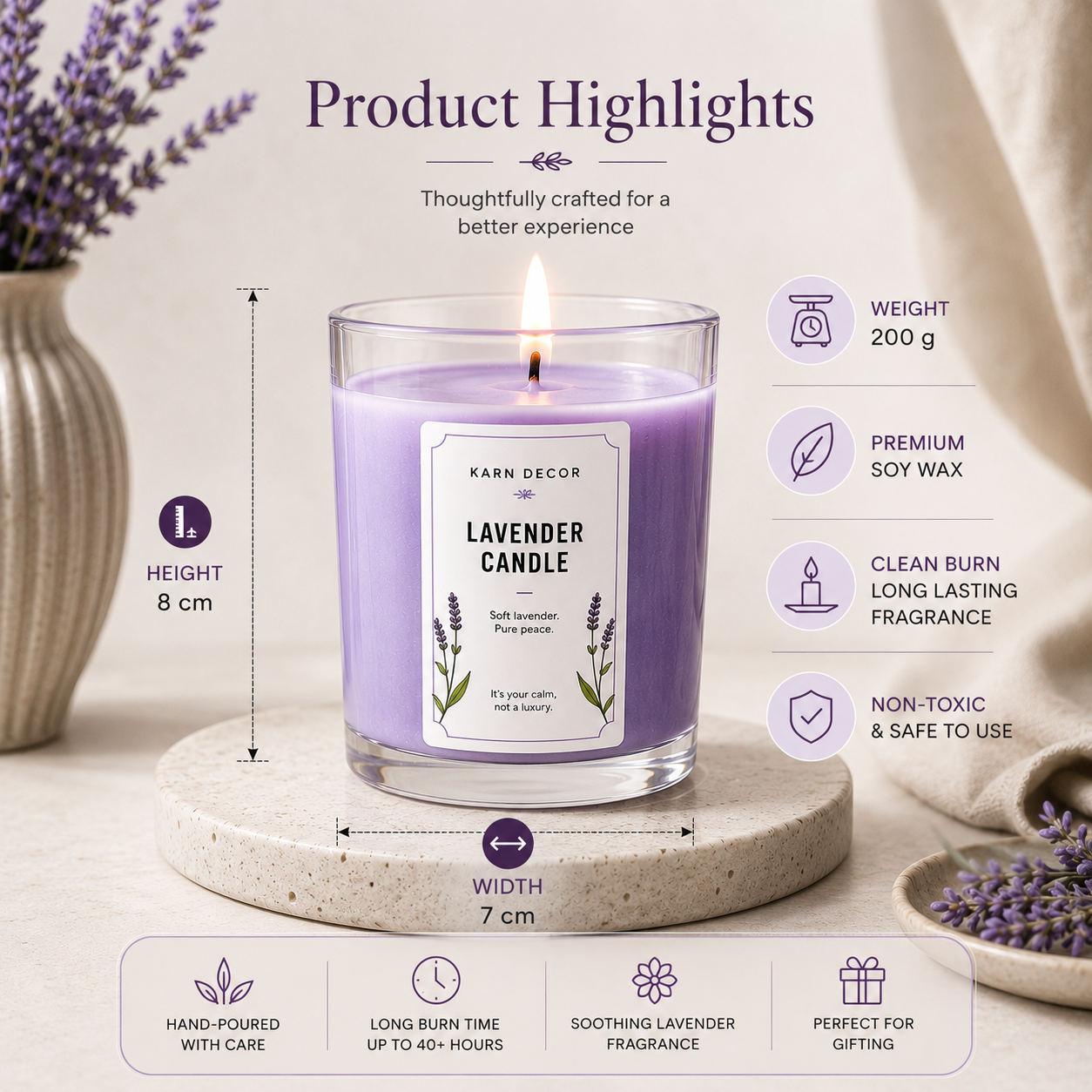 Lavender Scented Candle | Relaxing Aromatherapy Fragrance 200g | Karn Decor - Detail 4