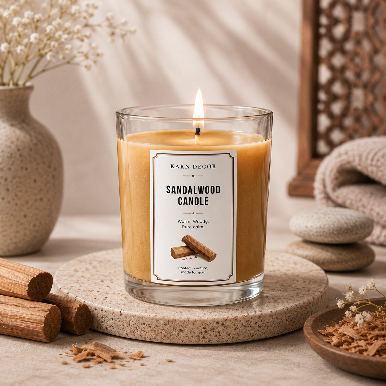 Sandalwood Scented Candle | Warm Woody Fragrance 200g | Karn Decor