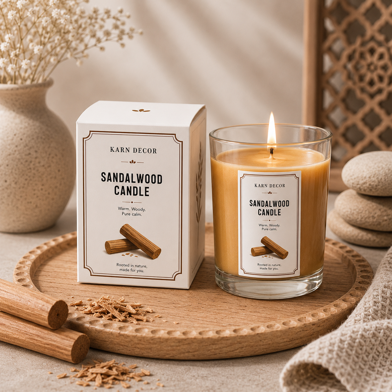 Sandalwood Scented Candle | Warm Woody Fragrance 200g | Karn Decor