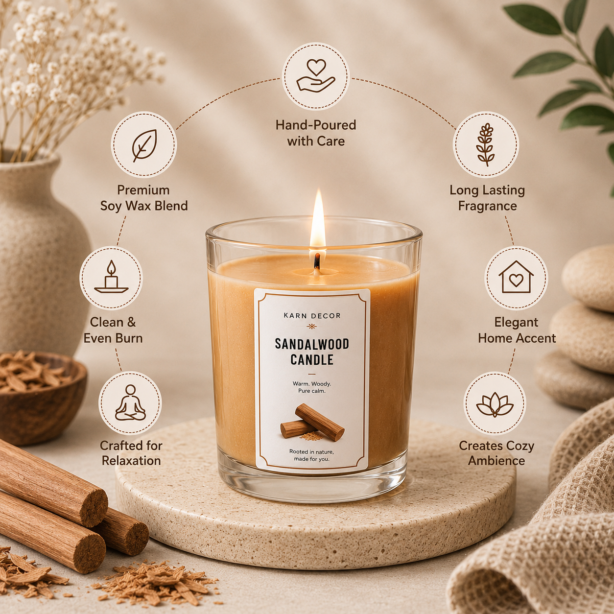 Sandalwood Scented Candle | Warm Woody Fragrance 200g | Karn Decor - Detail 3