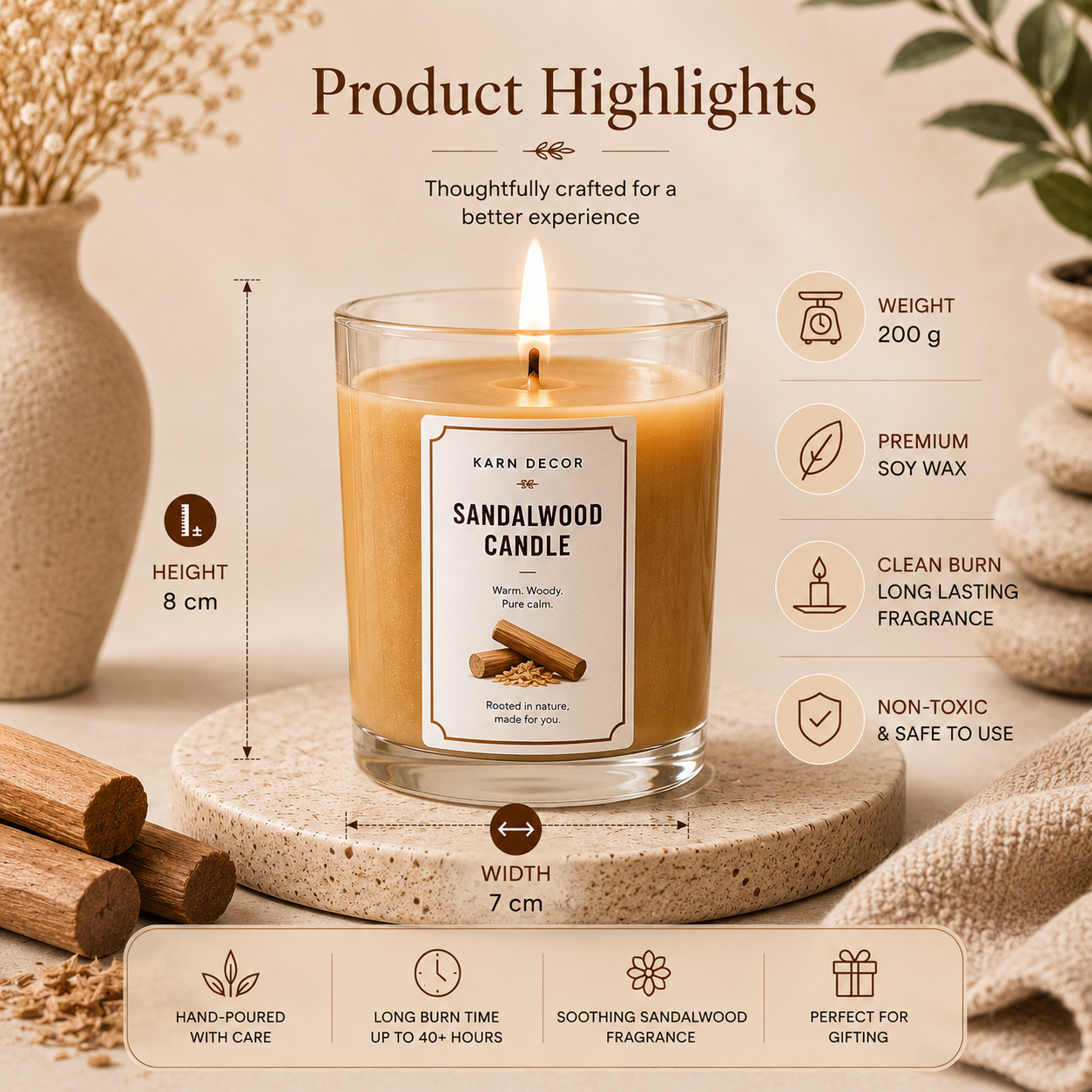 Sandalwood Scented Candle | Warm Woody Fragrance 200g | Karn Decor - Detail 4