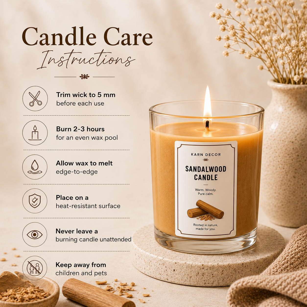 Sandalwood Scented Candle | Warm Woody Fragrance 200g | Karn Decor - Detail 5