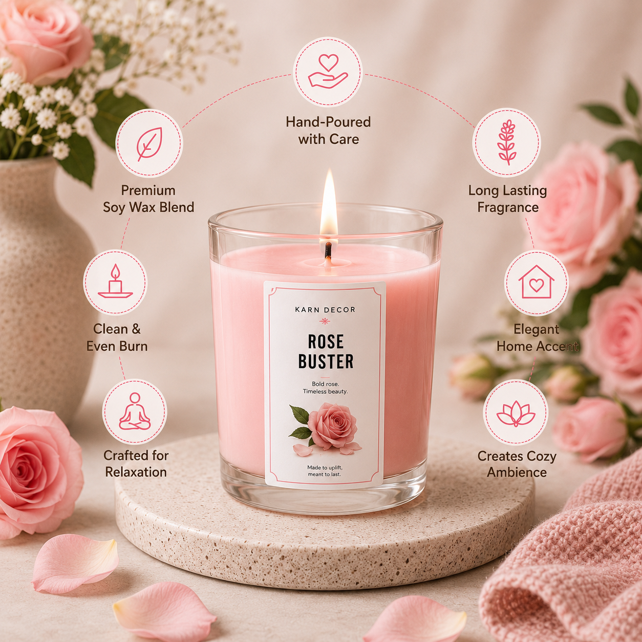 Rose Buster Scented Candle | Luxurious Floral Fragrance 200g | Karn Decor - Detail 3