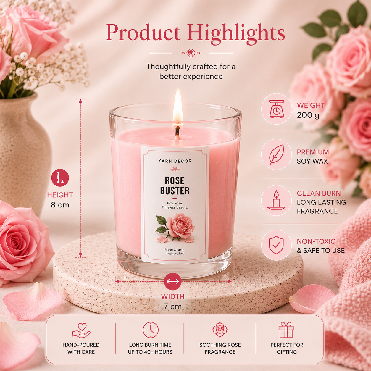 Rose Buster Scented Candle | Luxurious Floral Fragrance 200g | Karn Decor - Detail 4