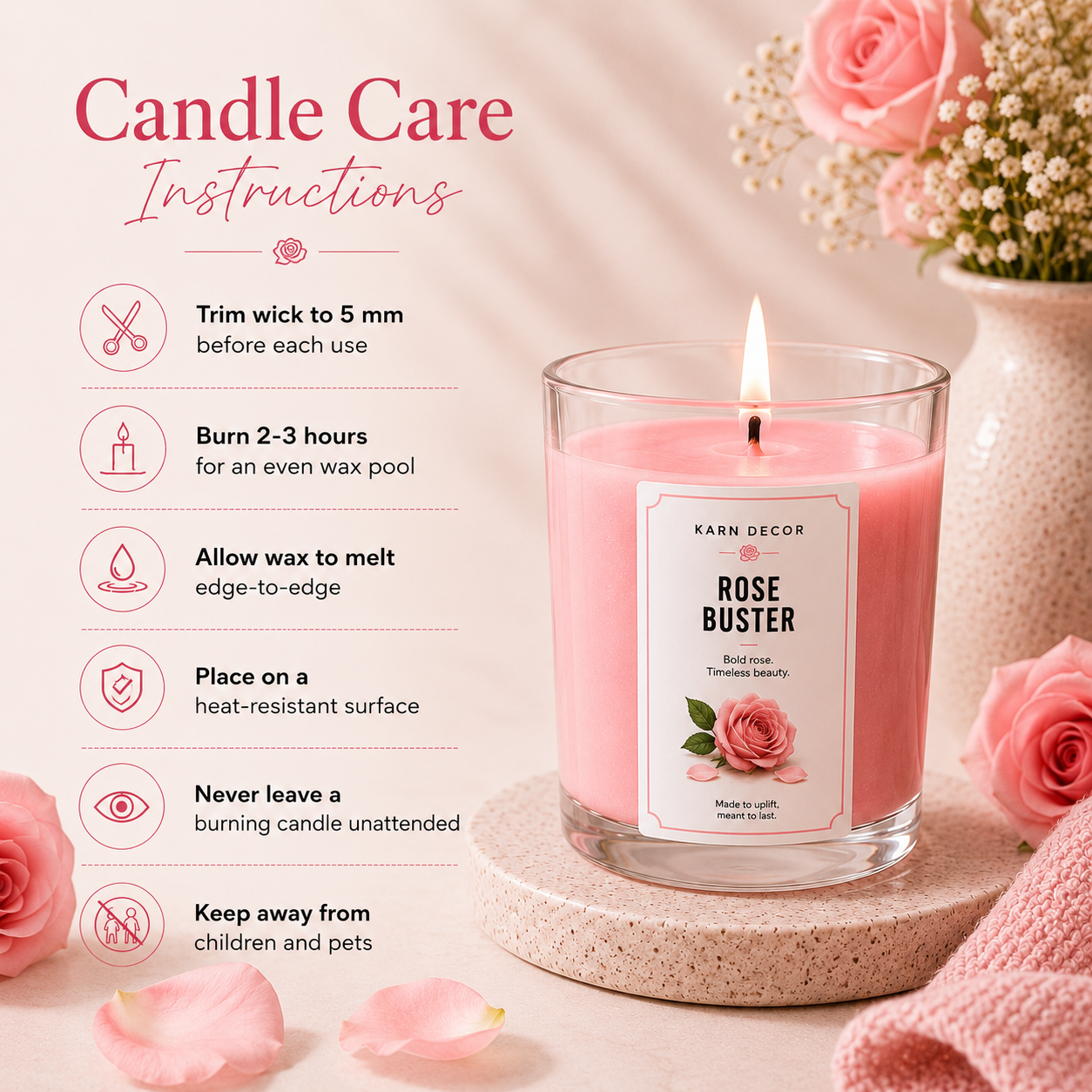 Rose Buster Scented Candle | Luxurious Floral Fragrance 200g | Karn Decor - Detail 5